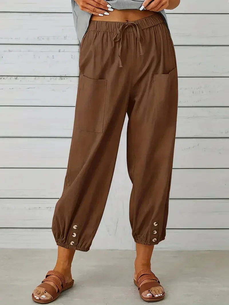 Damen Freizeit-Hose Elastischer Bund Kordelzug Beige