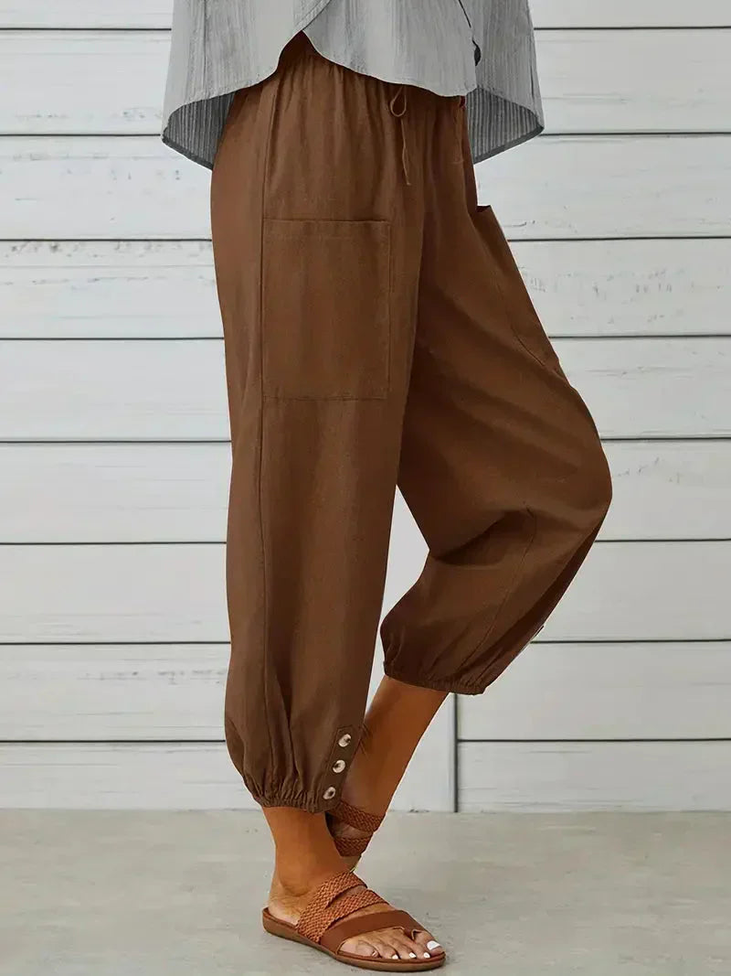 Damen Freizeit-Hose Elastischer Bund Kordelzug Beige