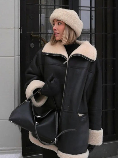 Lizzy Damen Oversized Shearling-Jacke Kunstleder Schwarz - Norvielle