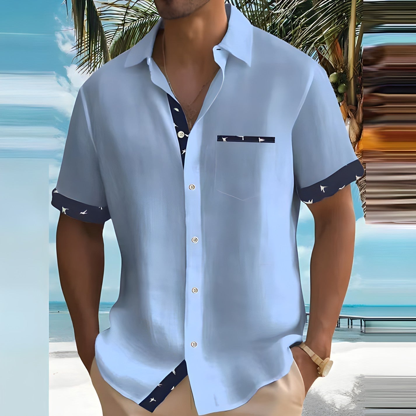 Herren Sommerhemd Kurzarm Leicht Beige