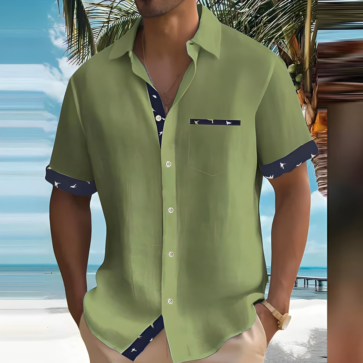 Herren Sommerhemd Kurzarm Leicht Beige