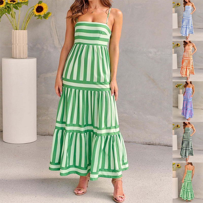 Norvielle Damen Maxikleid Gestreift Rückenfrei Mit Taschen - Norvielle