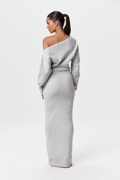 Serenya Damen Off-Shoulder Strickkleid Figurbetonter Maxikleid