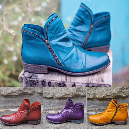 Damen Stiefeletten Leder Runde Spitze Niedriger Absatz Schwarz - Norvielle