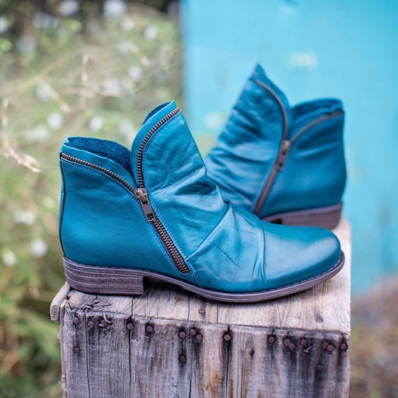 Damen Stiefeletten Leder Runde Spitze Niedriger Absatz