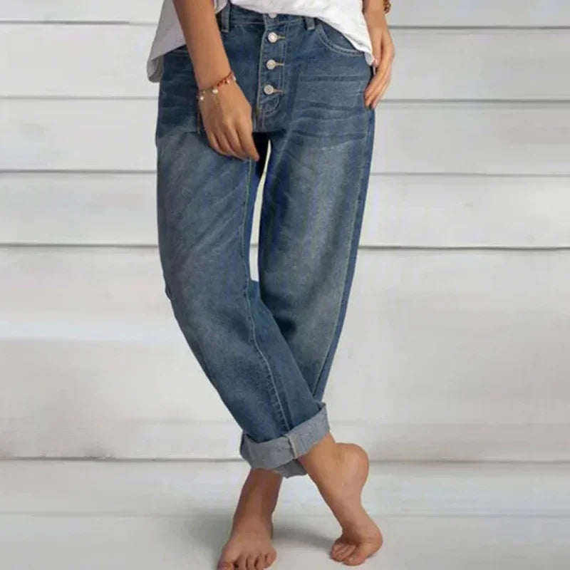 Damen Frühlingsjeans Knopfleiste Entspannte Passform Blau - Norvielle