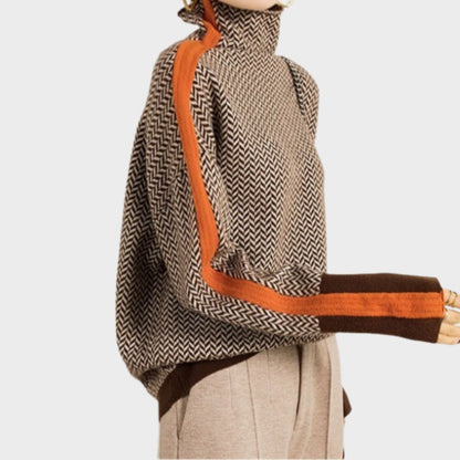 Damen Rollkragenpullover Fischgrät Muster Weich Grau