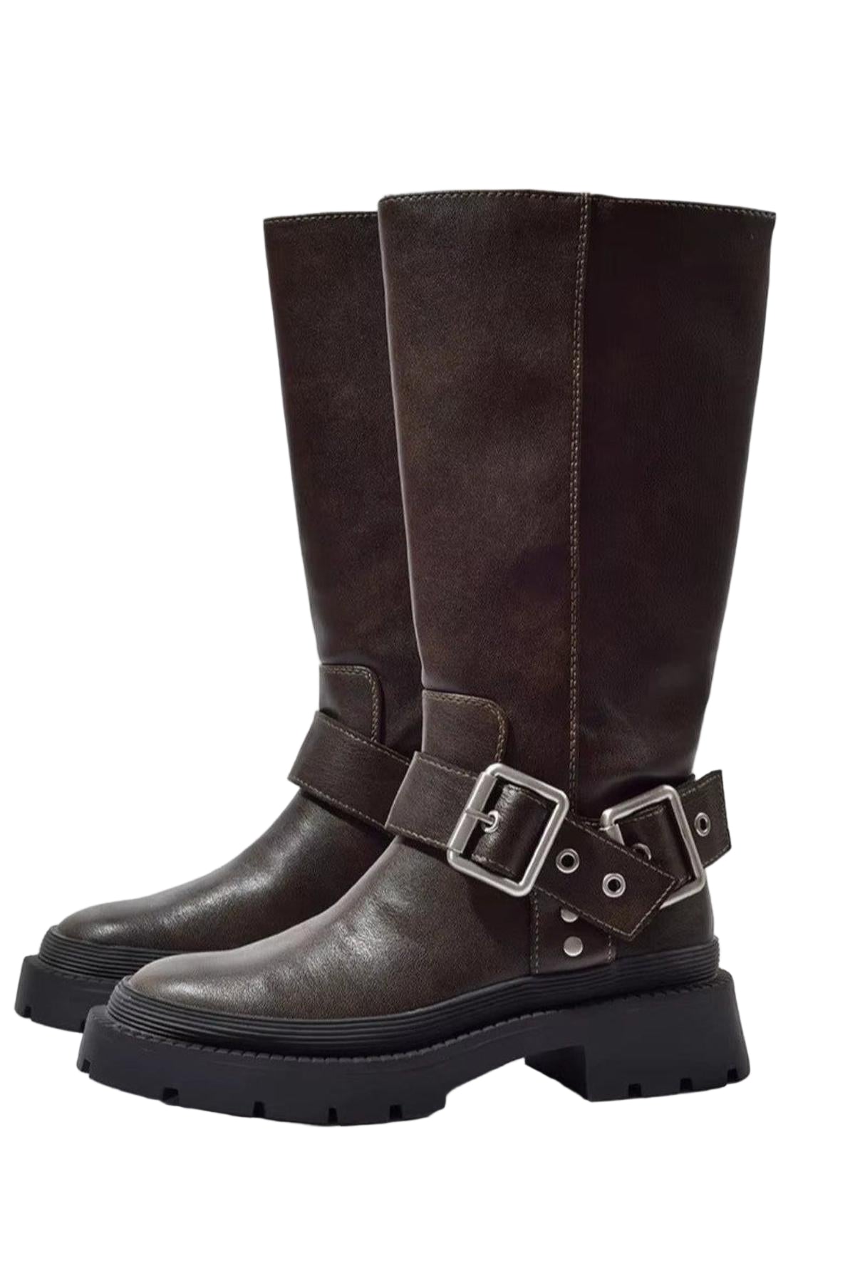 Damen Stiefel Braun Schnalle Flach - Norvielle