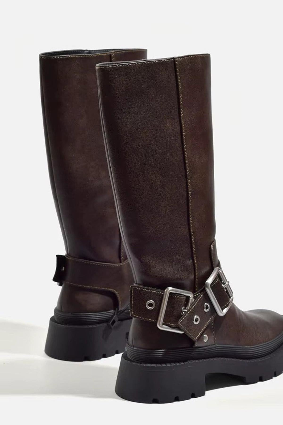 Damen Stiefel Schnalle Flach