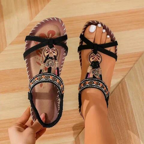 Damen Flache Sandalen Boho Stil Leder