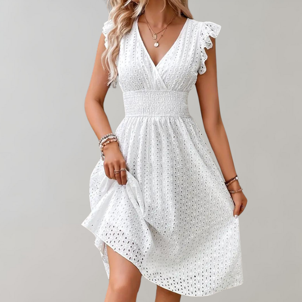 Damen Sommerkleid Weiß Rüschen V-Ausschnitt