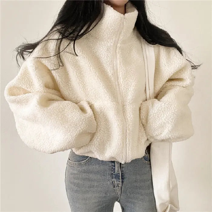 Damen Teddyjacke Stehkragen Kuschelig Braun - Norvielle
