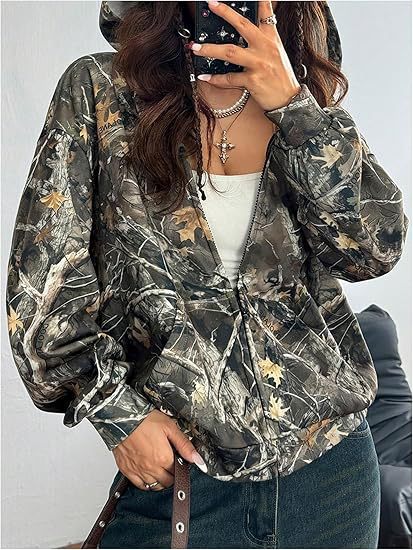 Damen Kapuzenjacke Camouflage Muster Locker Passform Norvielle