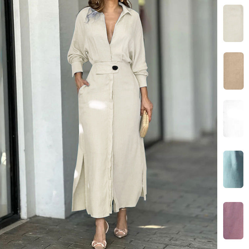 Damen Maxikleid V-Ausschnitt Gürtel Elegantes Kleid Schwarz - Norvielle