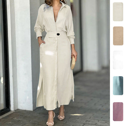 Damen Maxikleid V-Ausschnitt Gürtel Elegantes Kleid Schwarz - Norvielle