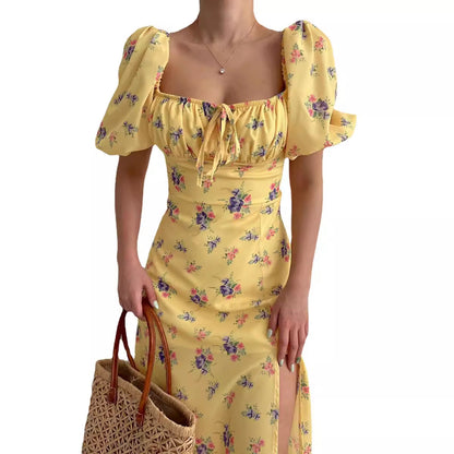 Damen Maxikleid Blütenmuster Puffärmel Hoch Beinschlitz Norvielle