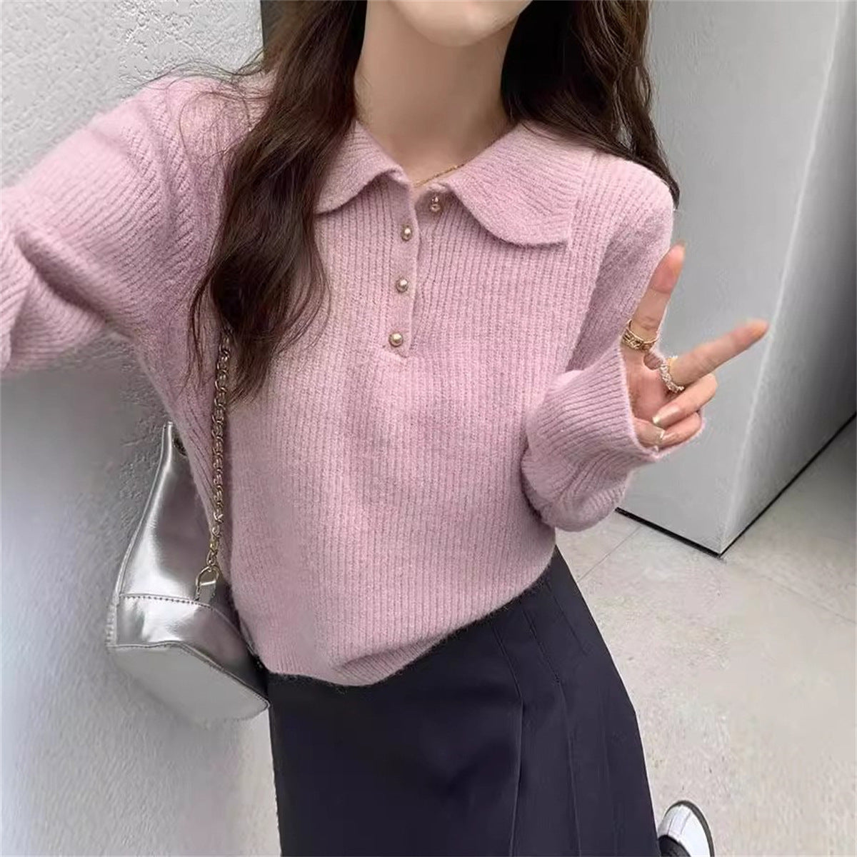 Damen Pullover Strukturiert Polo-Kragen Knöpfe Beige - Norvielle