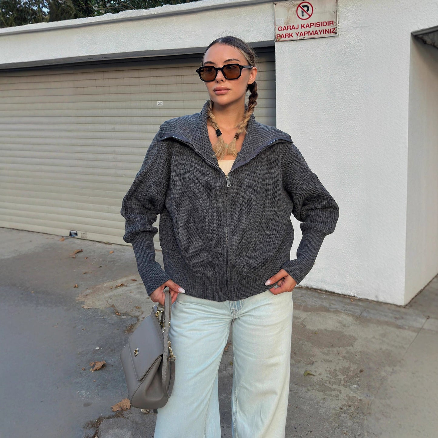 Damen Oversized Strickjacke Norvielle Hochkragen Reißverschluss