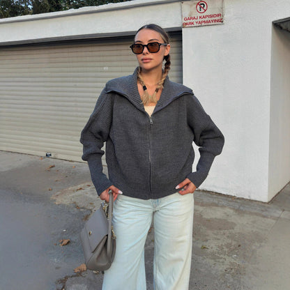 Damen Oversized Strickjacke Norvielle Hochkragen Reißverschluss