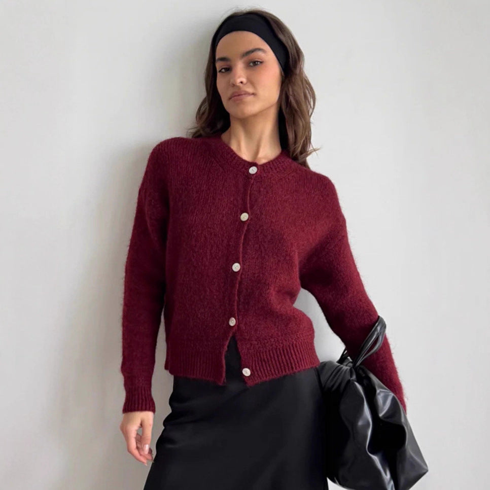 Damen Strickcardigan Weich Knopfverschluss Voluminöse Ärmel Beige