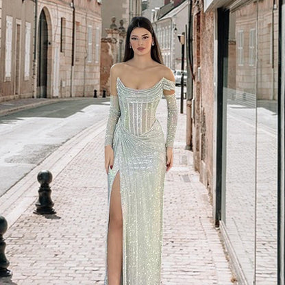 Damen Abendkleid Schimmerndes Detail Drapierter Rock