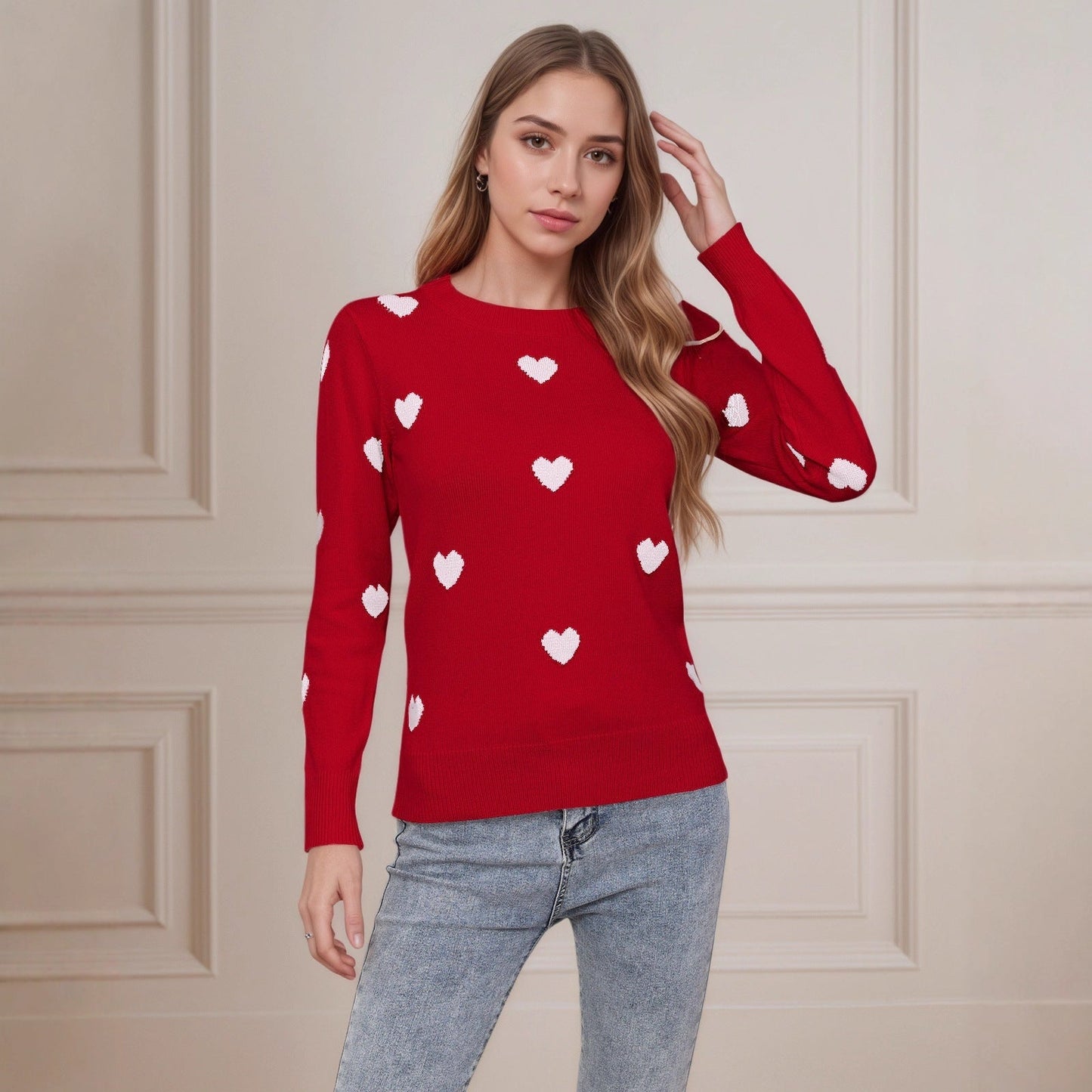 Damen Strickpullover Herz-Design Feinweiß