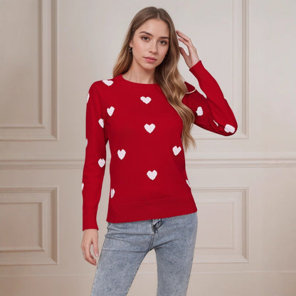 Damen Strickpullover Herz-Design Feinweiß