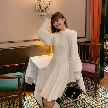 Damen Strickkleid Puffärmel Knöpfe