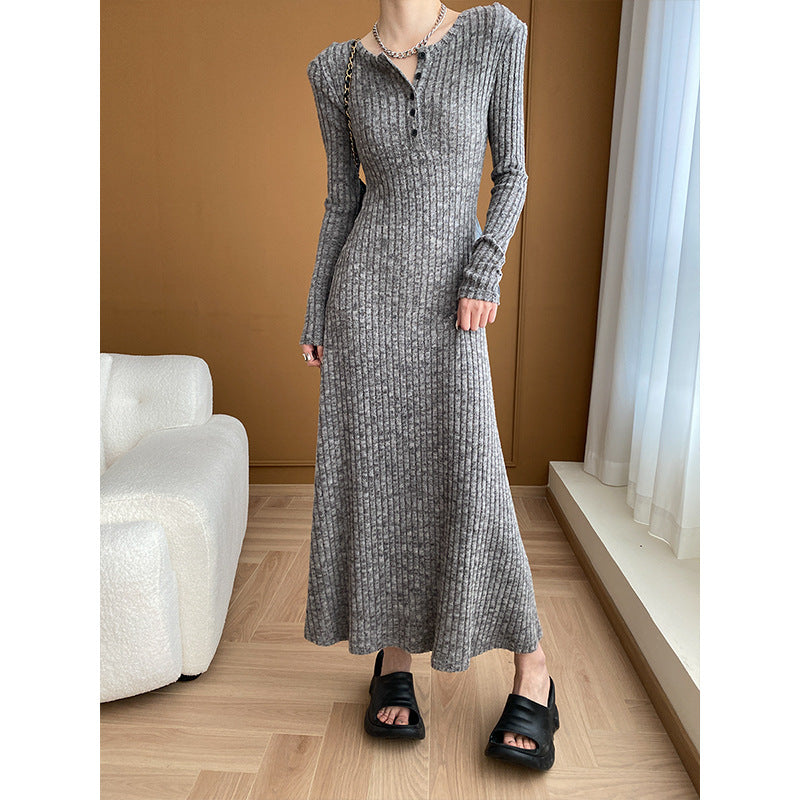 Damen Strickkleid Lang Knopfleiste Figurbetont