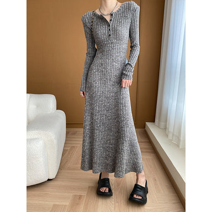 Damen Strickkleid Lang Knopfleiste Figurbetont