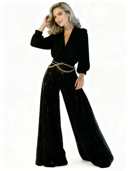 Damen Jumpsuit mit Pailletten und V-Ausschnitt