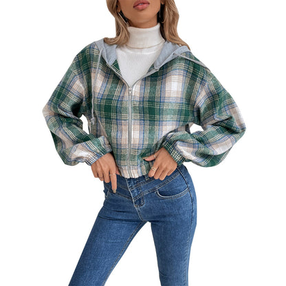 Damen Cropped Flanelljacke Kapuze Karomuster Norvielle