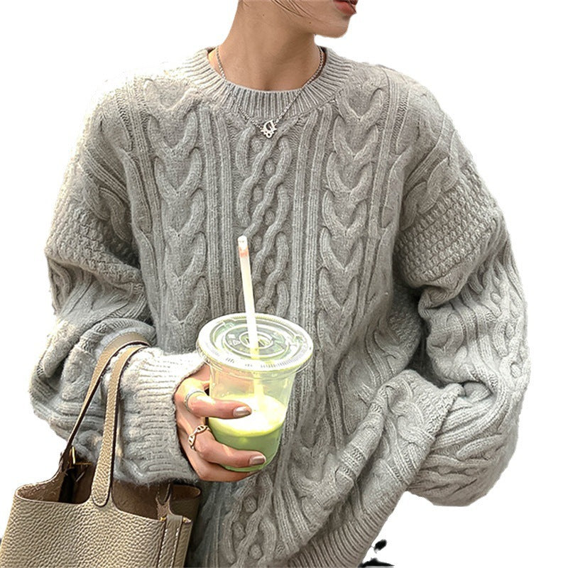 Damen Grobstrickpullover Zopfmuster Weitschnitt