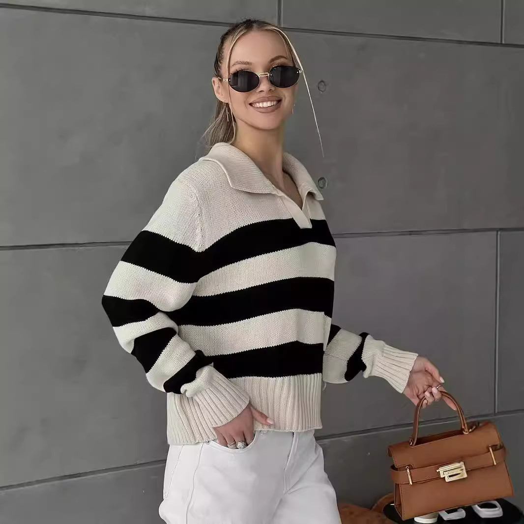 Damen Pullover V-Ausschnitt Breitstreifen Norvielle