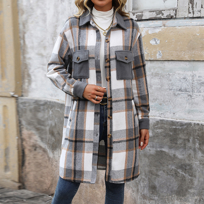 Damen Karierte Langarmjacke Baumwolle Moderne Taschen weiß