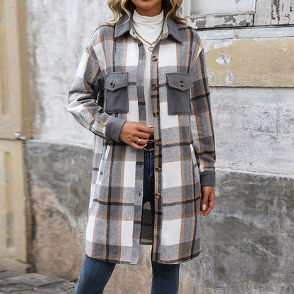 Damen Karierte Langarmjacke Baumwolle Moderne Taschen weiß