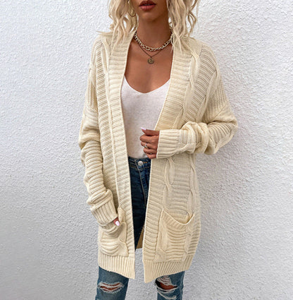 Damen Grobstrick-Cardigan Offenes Frontdesign Mit Taschen Norvielle