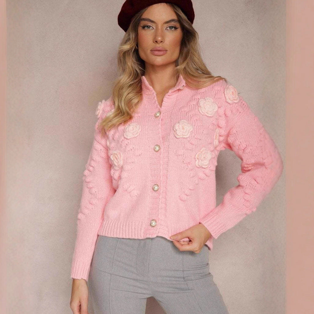 Damen Strickjacke Florale Applikationen Knopfdesign