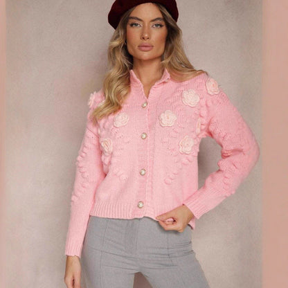 Damen Strickjacke Florale Applikationen Knopfdesign