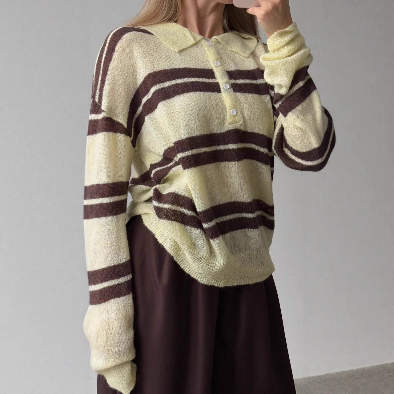 Damen Grobgestrickter Pullover Polo-Kragen Blockstreifen