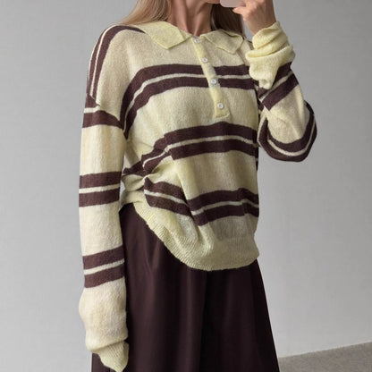 Damen Grobgestrickter Pullover Polo-Kragen Blockstreifen