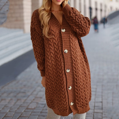 Damen Strickjacke Zopfmuster Große Knöpfe Beige