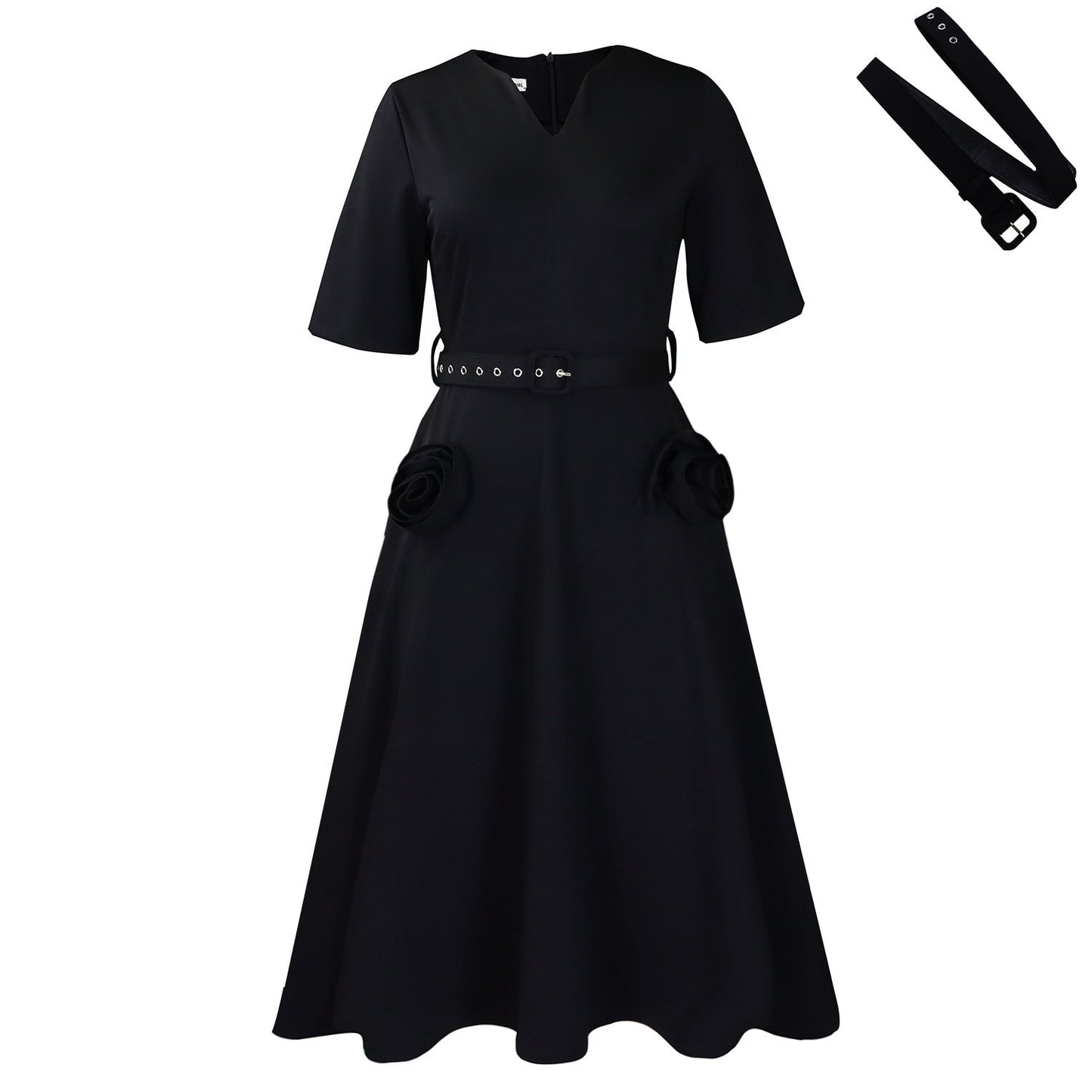 Damen Midi-Kleid mit Blumenapplikationen und Taillengürtel Norvielle