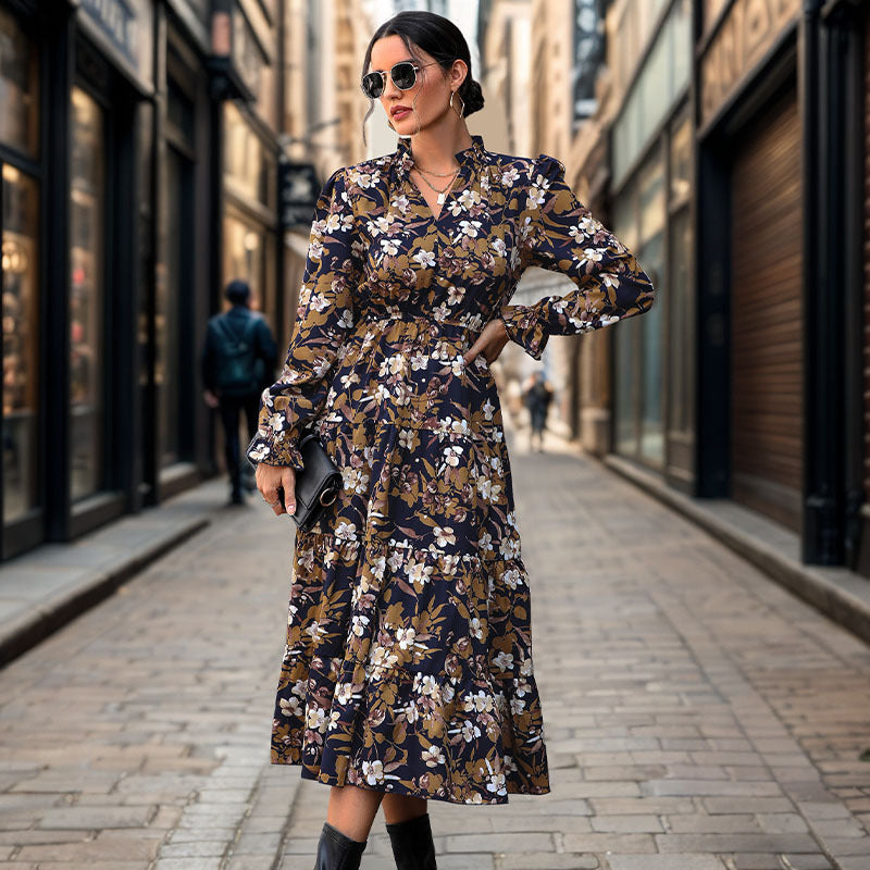 Damen Maxikleid Floral Taillengürtel Fließend Norvielle