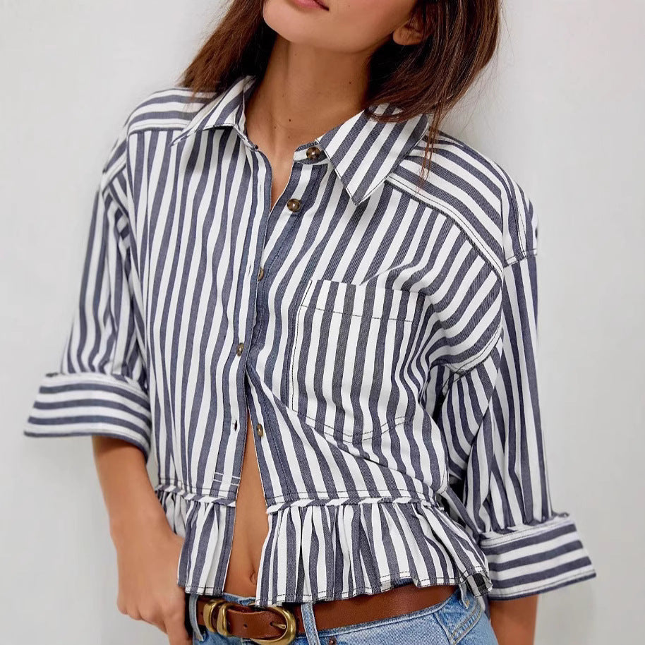 Damen Bluse Gestreift Volantabschluss Lässiger Schnitt
