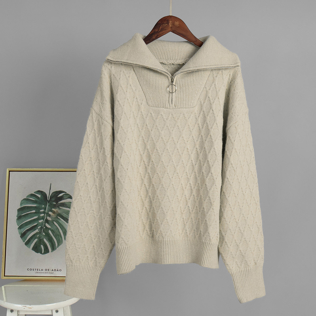 Damen Gemusterter Pullover Hochkragen Reißverschluss Norvielle