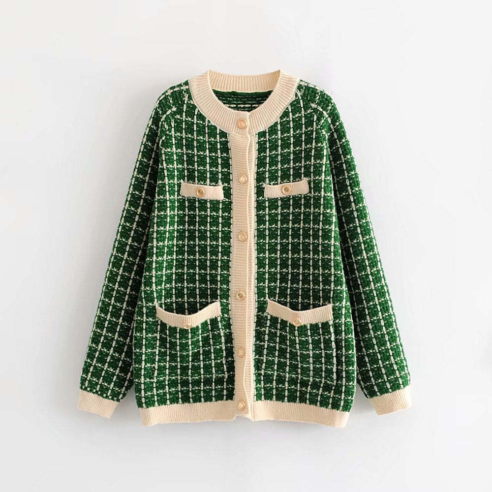 Damen Strickjacke Karomuster Dekorative Knöpfe Norvielle