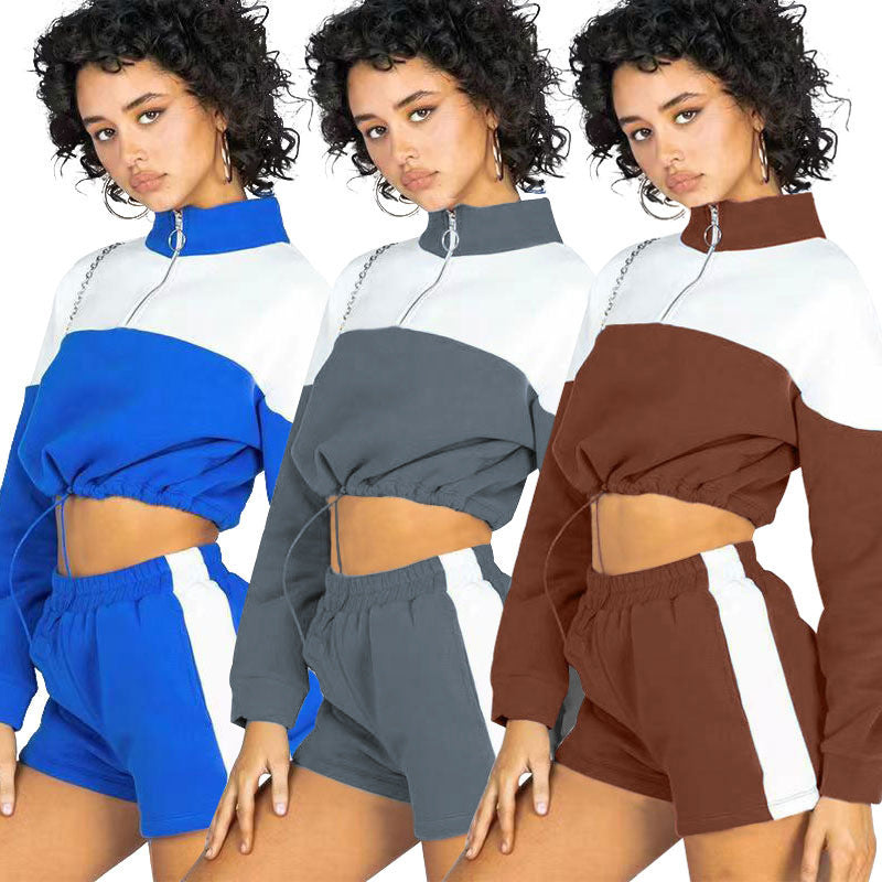 Damen Sportanzug Cropped Hochkragen Kordelzug