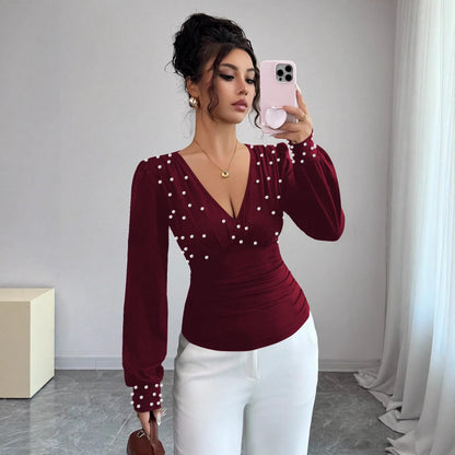 Damen Bluse V-Ausschnitt Verziert Norvielle