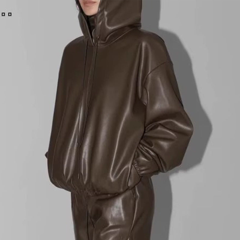 Damen Lederjacke mit Kapuze Kunstleder